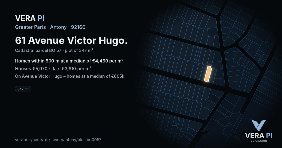 61 Avenue Victor Hugo, Antony at night – the plot lit, the parcels around coloured by the prices near them