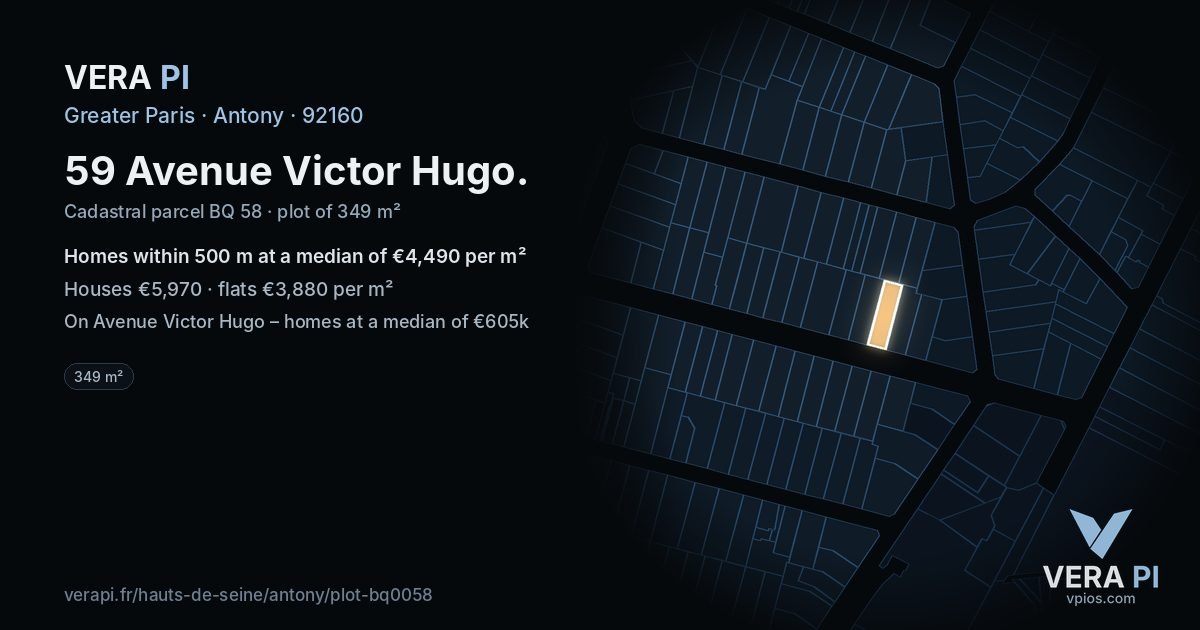 59 Avenue Victor Hugo, Antony at night – the plot lit, the parcels around coloured by the prices near them