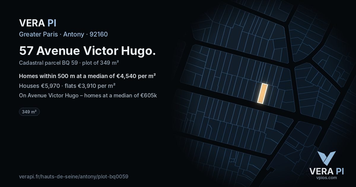57 Avenue Victor Hugo, Antony at night – the plot lit, the parcels around coloured by the prices near them