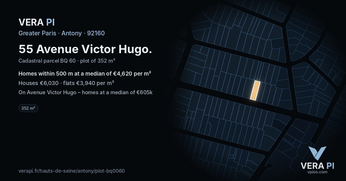 55 Avenue Victor Hugo, Antony at night – the plot lit, the parcels around coloured by the prices near them