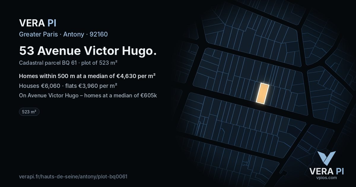 53 Avenue Victor Hugo, Antony at night – the plot lit, the parcels around coloured by the prices near them