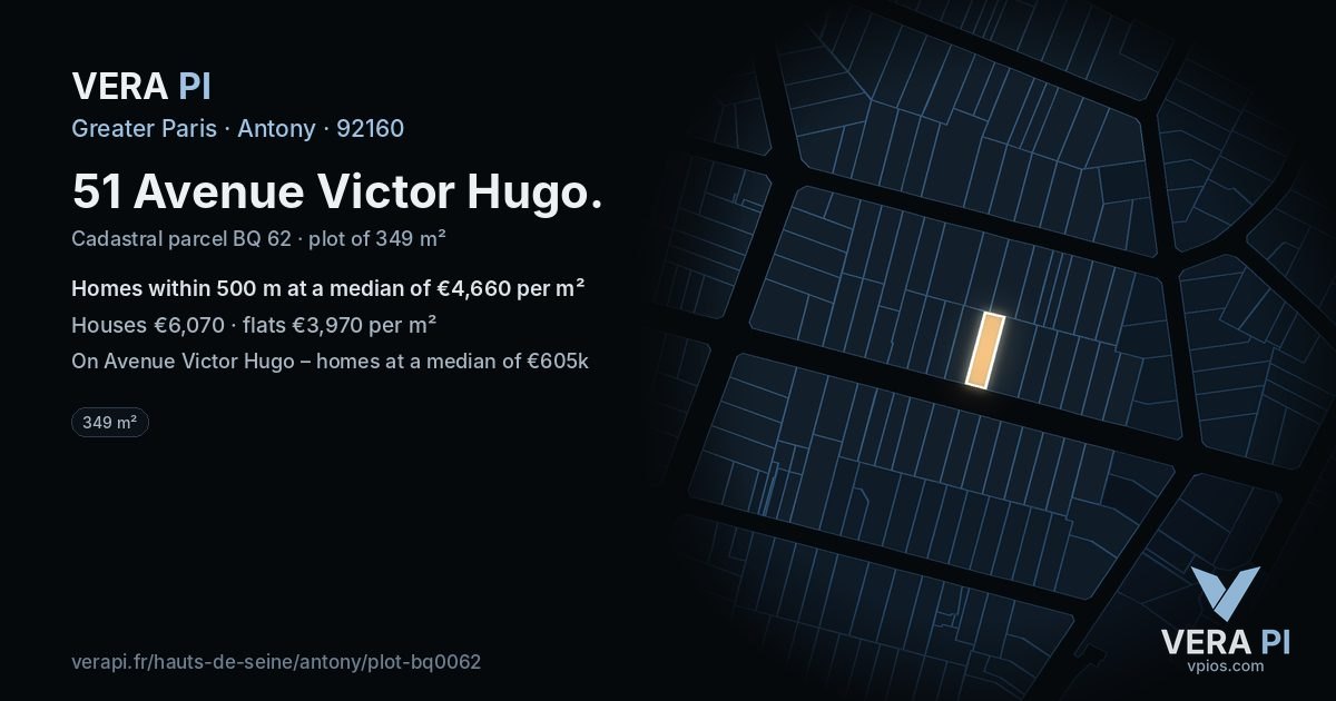 51 Avenue Victor Hugo, Antony at night – the plot lit, the parcels around coloured by the prices near them