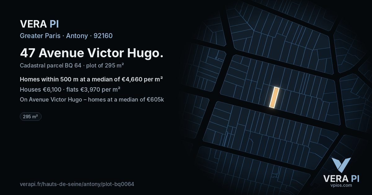 47 Avenue Victor Hugo, Antony at night – the plot lit, the parcels around coloured by the prices near them