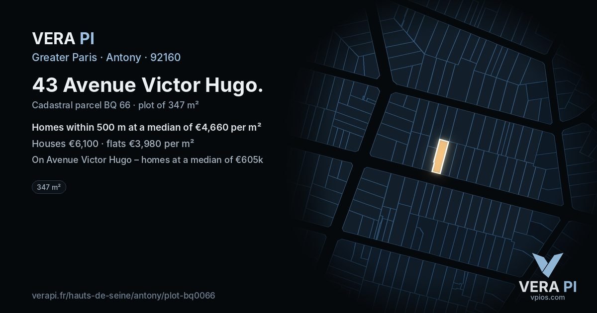 43 Avenue Victor Hugo, Antony at night – the plot lit, the parcels around coloured by the prices near them