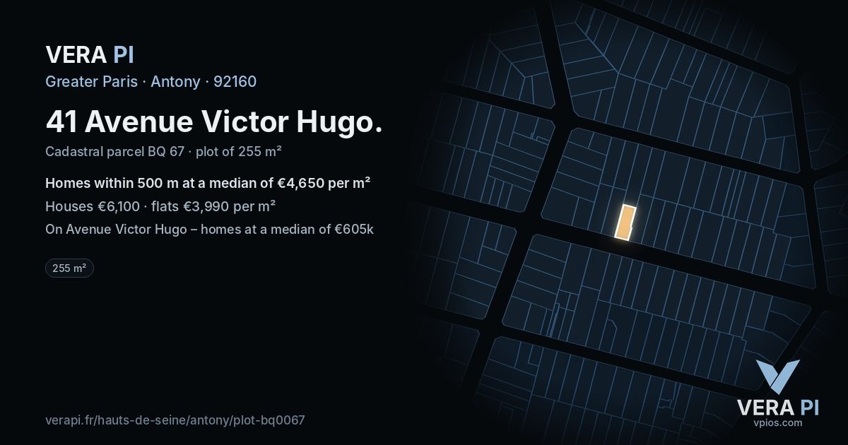 41 Avenue Victor Hugo, Antony at night – the plot lit, the parcels around coloured by the prices near them