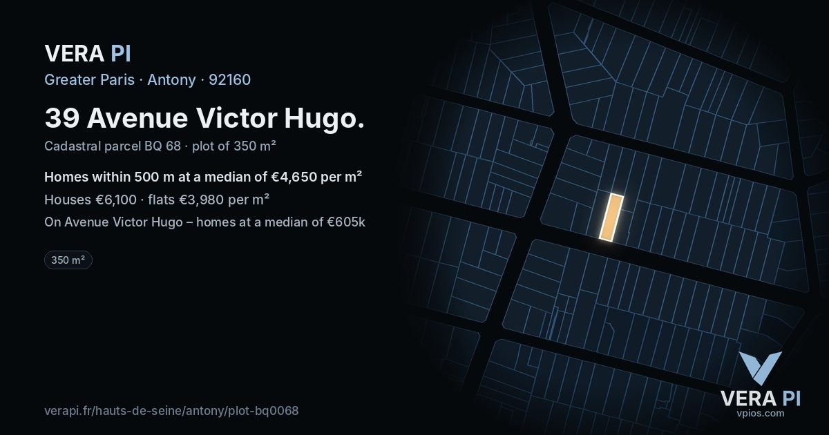 39 Avenue Victor Hugo, Antony at night – the plot lit, the parcels around coloured by the prices near them