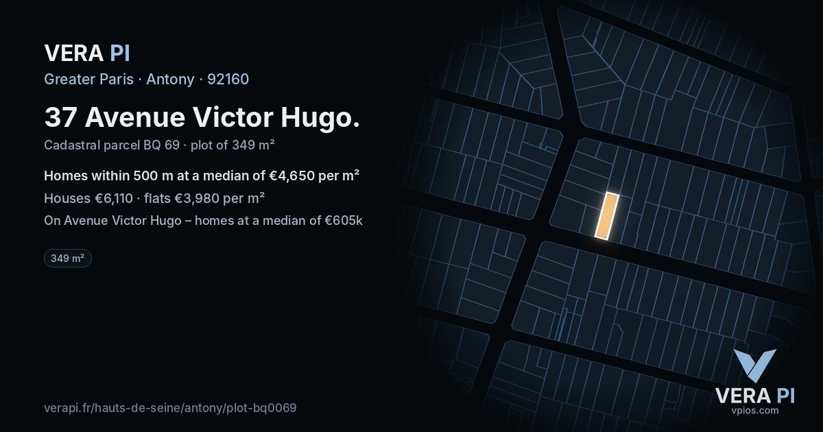 37 Avenue Victor Hugo, Antony at night – the plot lit, the parcels around coloured by the prices near them