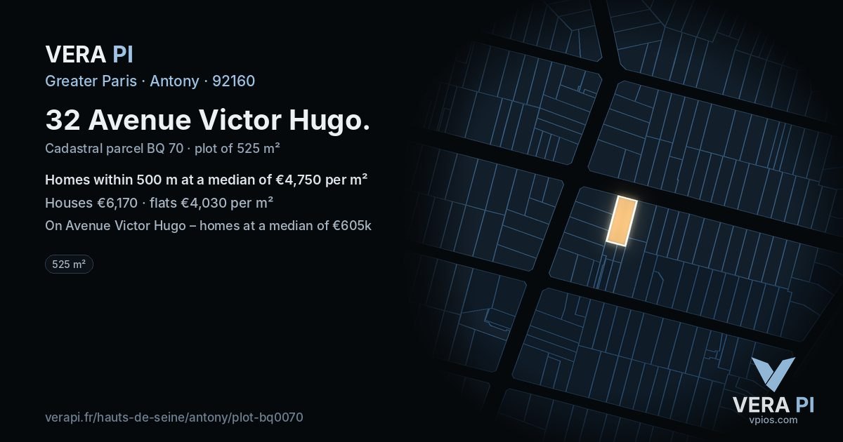 32 Avenue Victor Hugo, Antony at night – the plot lit, the parcels around coloured by the prices near them