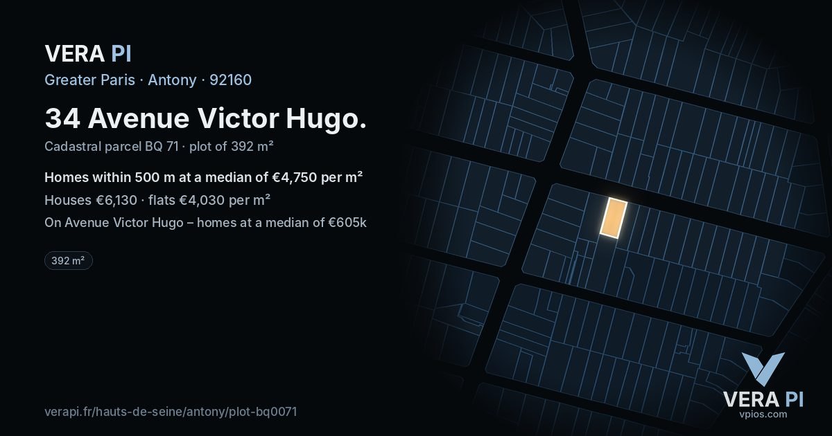 34 Avenue Victor Hugo, Antony at night – the plot lit, the parcels around coloured by the prices near them