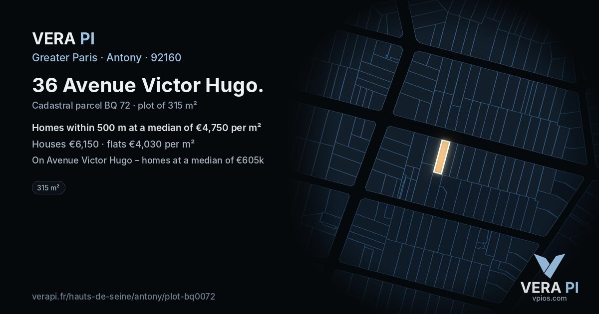 36 Avenue Victor Hugo, Antony at night – the plot lit, the parcels around coloured by the prices near them