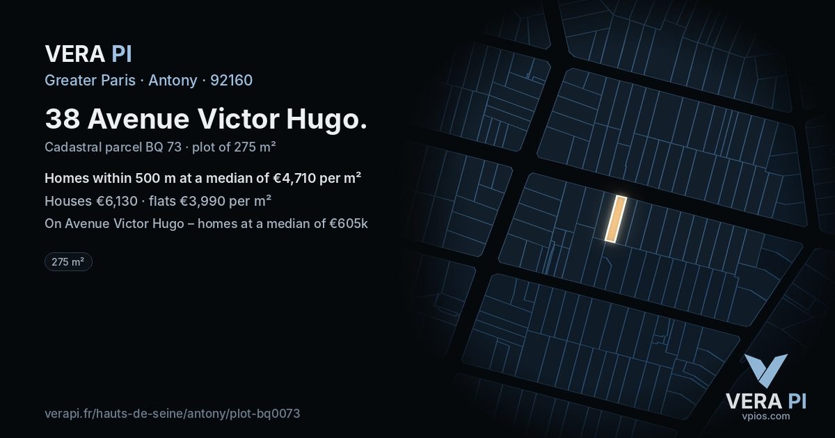 38 Avenue Victor Hugo, Antony at night – the plot lit, the parcels around coloured by the prices near them