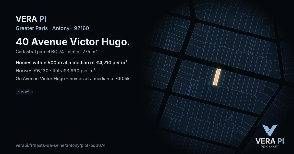40 Avenue Victor Hugo, Antony at night – the plot lit, the parcels around coloured by the prices near them