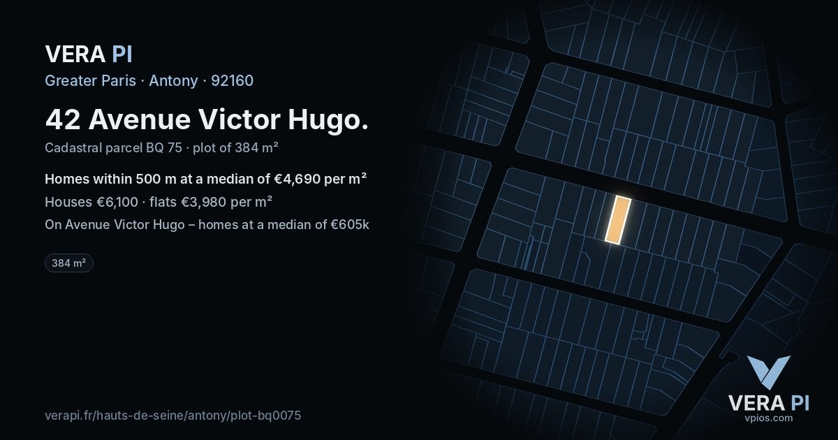 42 Avenue Victor Hugo, Antony at night – the plot lit, the parcels around coloured by the prices near them
