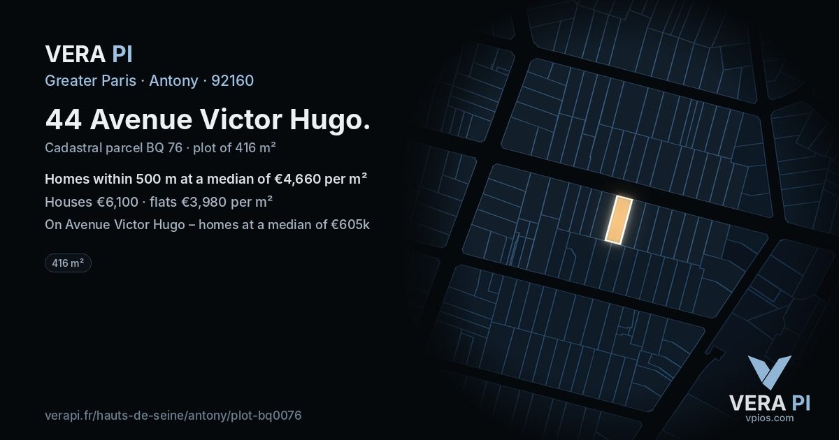 44 Avenue Victor Hugo, Antony at night – the plot lit, the parcels around coloured by the prices near them