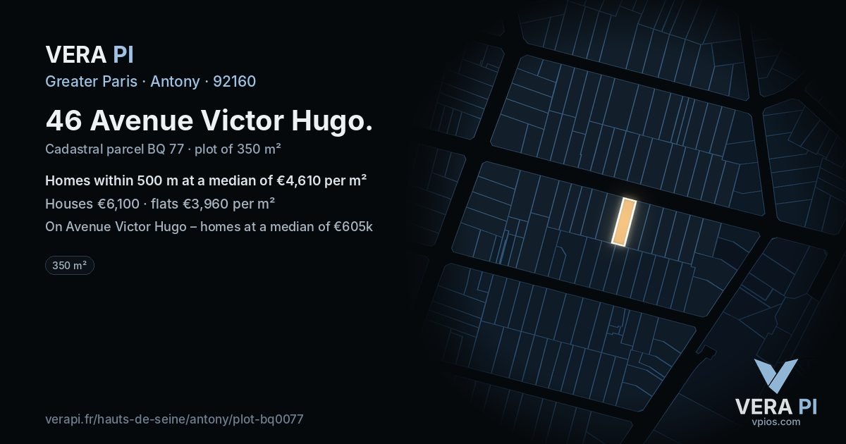 46 Avenue Victor Hugo, Antony at night – the plot lit, the parcels around coloured by the prices near them