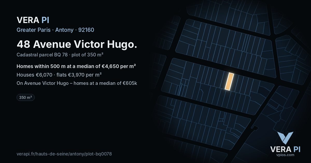 48 Avenue Victor Hugo, Antony at night – the plot lit, the parcels around coloured by the prices near them