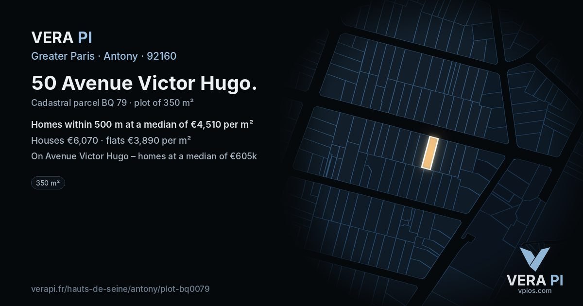 50 Avenue Victor Hugo, Antony at night – the plot lit, the parcels around coloured by the prices near them