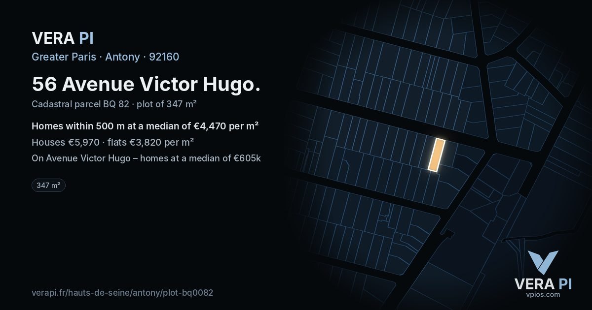 56 Avenue Victor Hugo, Antony at night – the plot lit, the parcels around coloured by the prices near them