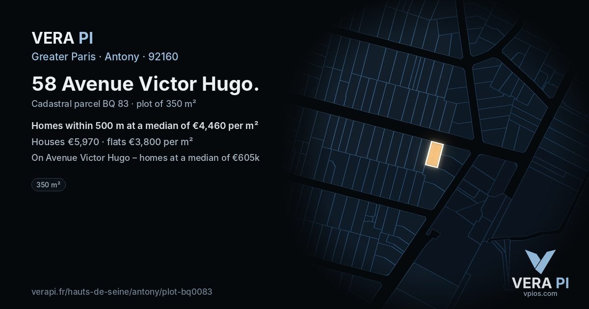58 Avenue Victor Hugo, Antony at night – the plot lit, the parcels around coloured by the prices near them