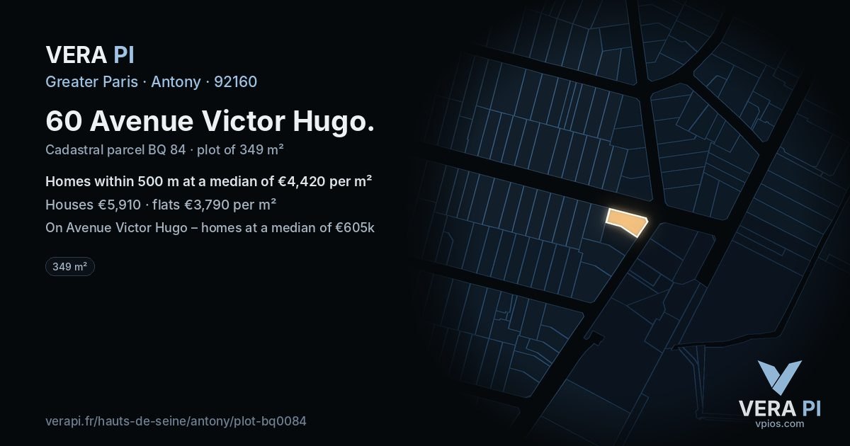 60 Avenue Victor Hugo, Antony at night – the plot lit, the parcels around coloured by the prices near them