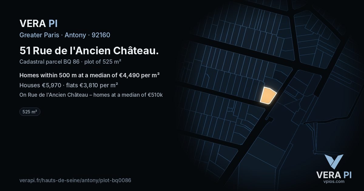 51 Rue de l'Ancien Château, Antony at night – the plot lit, the parcels around coloured by the prices near them