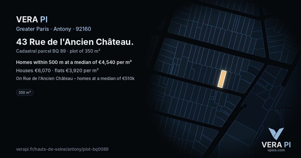 43 Rue de l'Ancien Château, Antony at night – the plot lit, the parcels around coloured by the prices near them