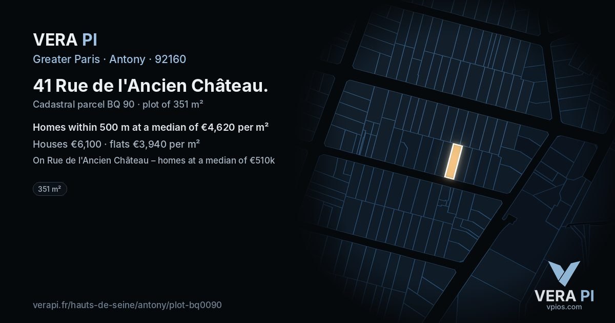 41 Rue de l'Ancien Château, Antony at night – the plot lit, the parcels around coloured by the prices near them