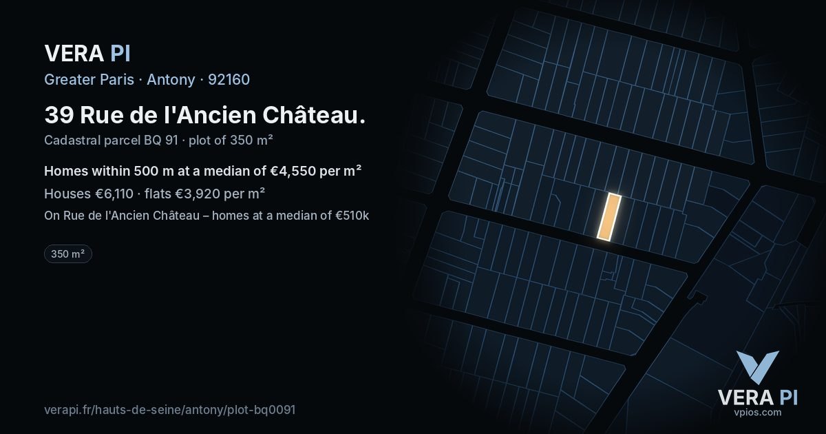 39 Rue de l'Ancien Château, Antony at night – the plot lit, the parcels around coloured by the prices near them