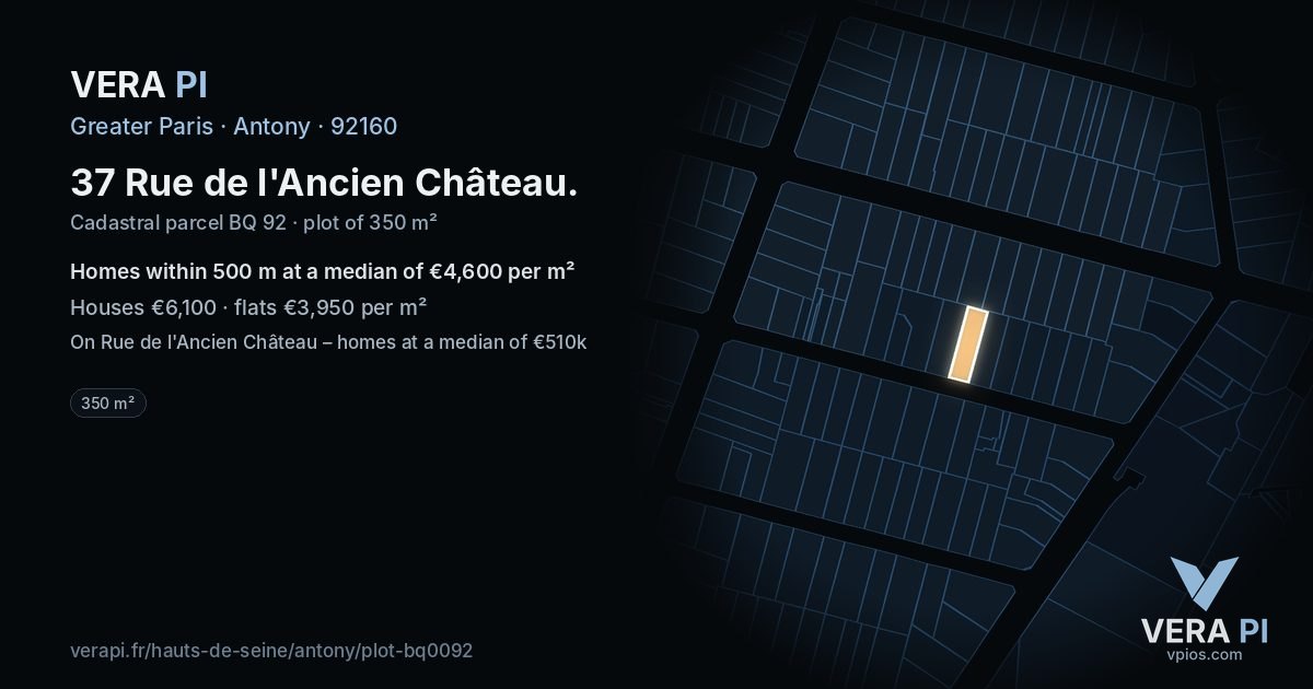 37 Rue de l'Ancien Château, Antony at night – the plot lit, the parcels around coloured by the prices near them