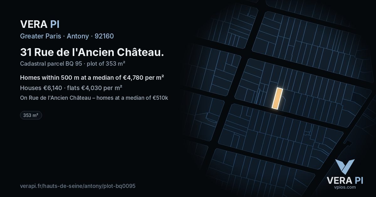 31 Rue de l'Ancien Château, Antony at night – the plot lit, the parcels around coloured by the prices near them