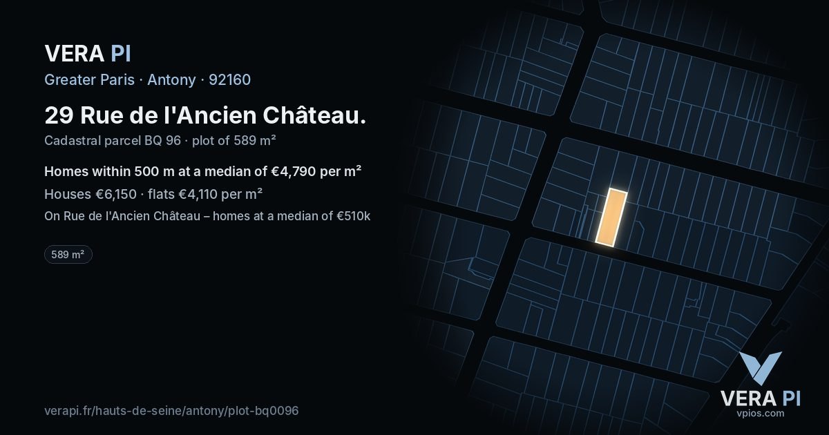 29 Rue de l'Ancien Château, Antony at night – the plot lit, the parcels around coloured by the prices near them