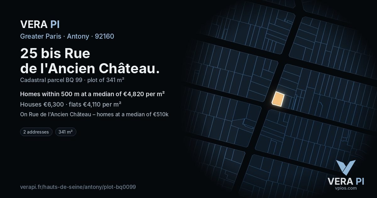 25 bis Rue de l'Ancien Château, Antony at night – the plot lit, the parcels around coloured by the prices near them