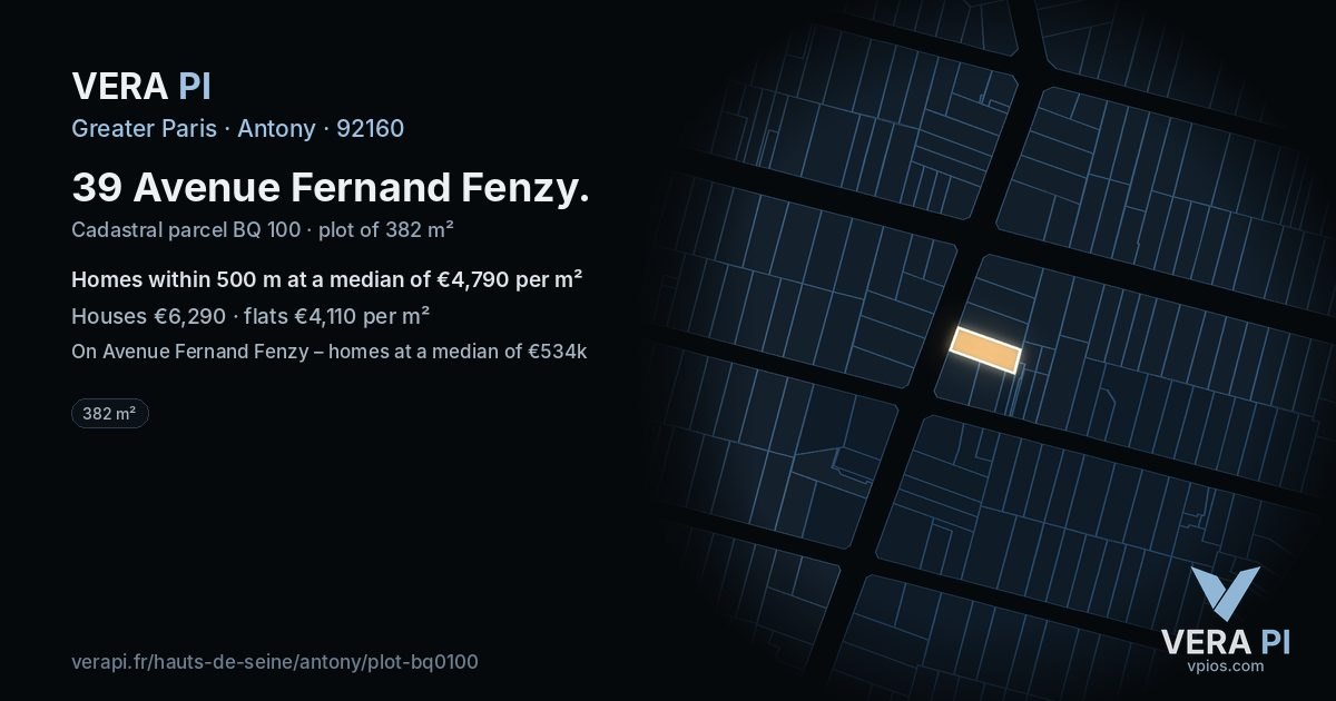 39 Avenue Fernand Fenzy, Antony at night – the plot lit, the parcels around coloured by the prices near them