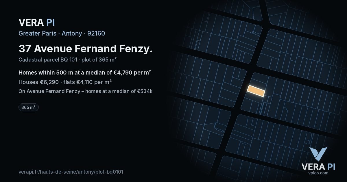 37 Avenue Fernand Fenzy, Antony at night – the plot lit, the parcels around coloured by the prices near them