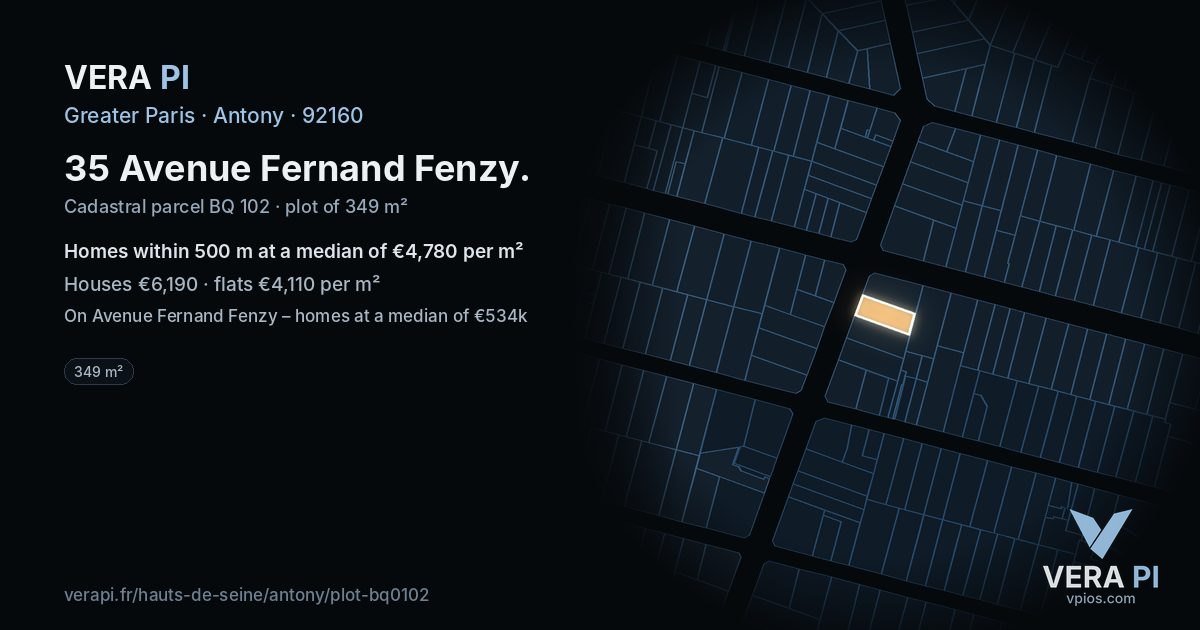 35 Avenue Fernand Fenzy, Antony at night – the plot lit, the parcels around coloured by the prices near them