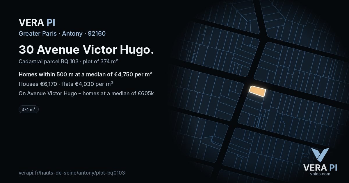 30 Avenue Victor Hugo, Antony at night – the plot lit, the parcels around coloured by the prices near them