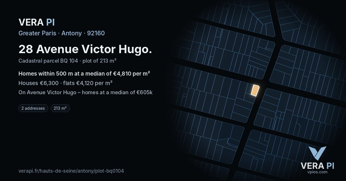 28 Avenue Victor Hugo, Antony at night – the plot lit, the parcels around coloured by the prices near them