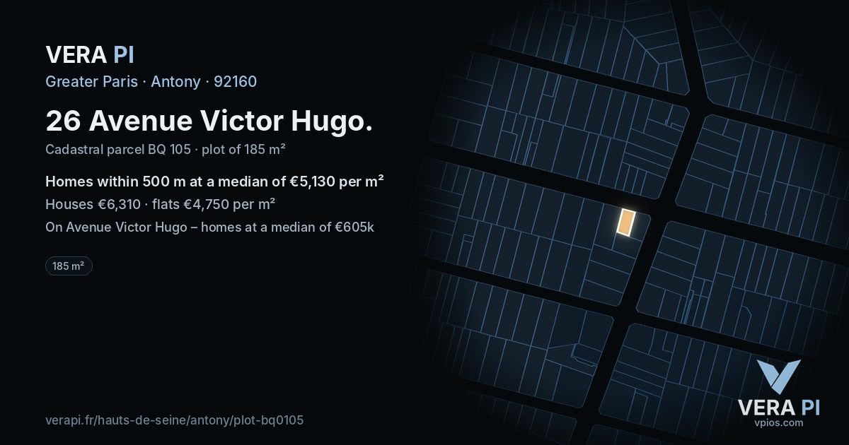 26 Avenue Victor Hugo, Antony at night – the plot lit, the parcels around coloured by the prices near them