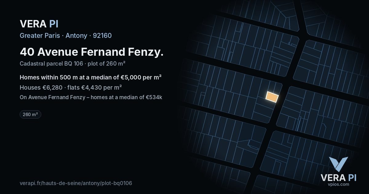 40 Avenue Fernand Fenzy, Antony at night – the plot lit, the parcels around coloured by the prices near them