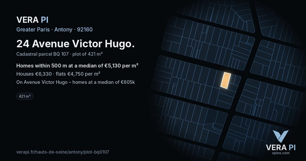 24 Avenue Victor Hugo, Antony at night – the plot lit, the parcels around coloured by the prices near them