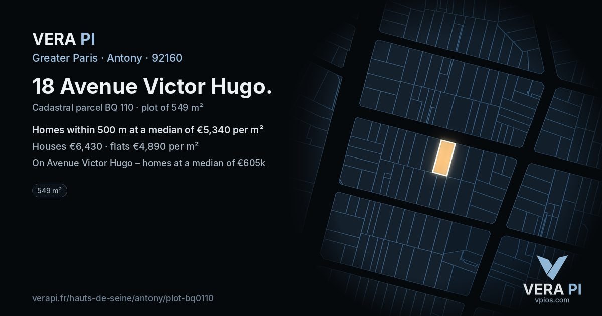 18 Avenue Victor Hugo, Antony at night – the plot lit, the parcels around coloured by the prices near them