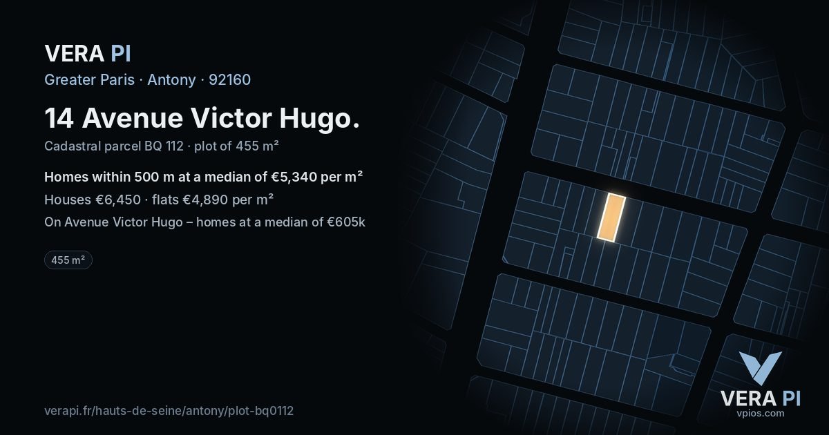 14 Avenue Victor Hugo, Antony at night – the plot lit, the parcels around coloured by the prices near them