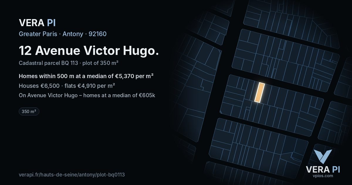 12 Avenue Victor Hugo, Antony at night – the plot lit, the parcels around coloured by the prices near them