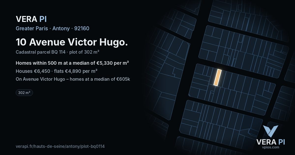 10 Avenue Victor Hugo, Antony at night – the plot lit, the parcels around coloured by the prices near them