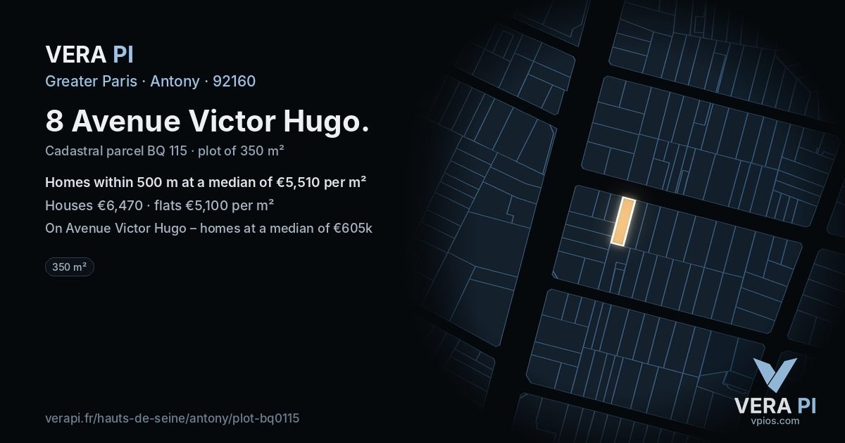 8 Avenue Victor Hugo, Antony at night – the plot lit, the parcels around coloured by the prices near them