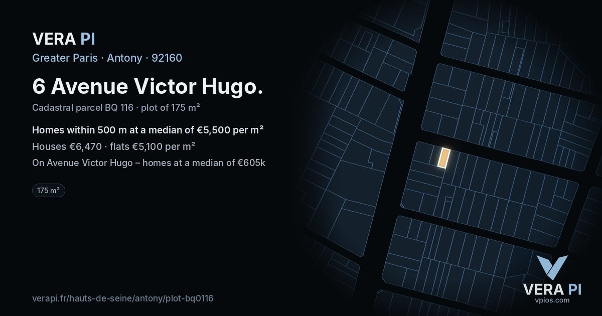6 Avenue Victor Hugo, Antony at night – the plot lit, the parcels around coloured by the prices near them