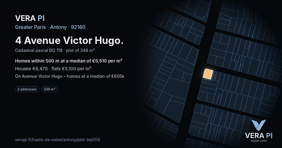 4 Avenue Victor Hugo, Antony at night – the plot lit, the parcels around coloured by the prices near them