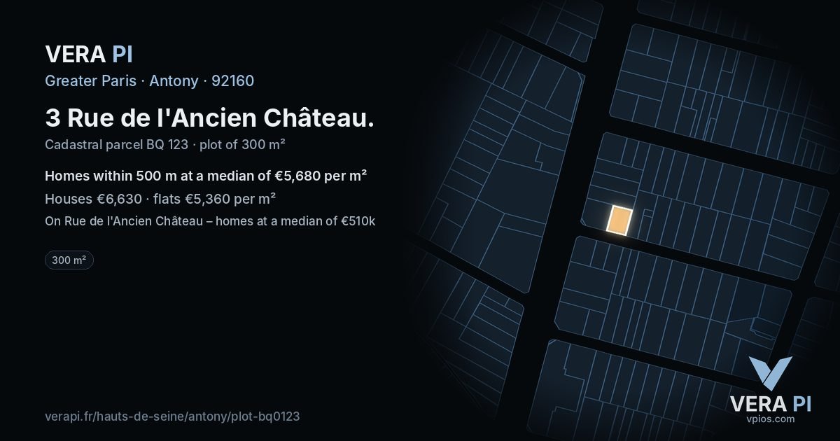 3 Rue de l'Ancien Château, Antony at night – the plot lit, the parcels around coloured by the prices near them