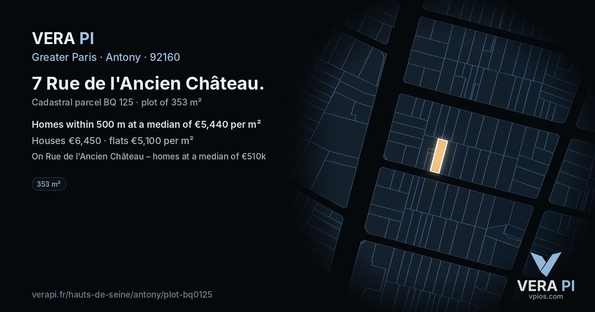 7 Rue de l'Ancien Château, Antony at night – the plot lit, the parcels around coloured by the prices near them