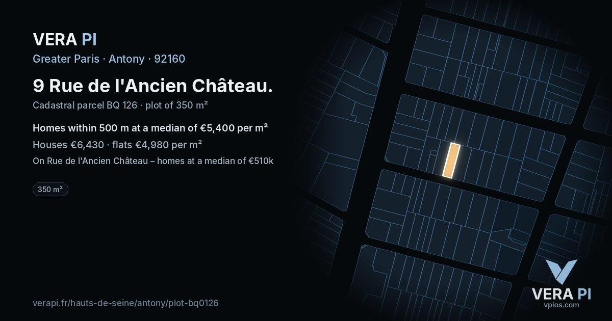 9 Rue de l'Ancien Château, Antony at night – the plot lit, the parcels around coloured by the prices near them